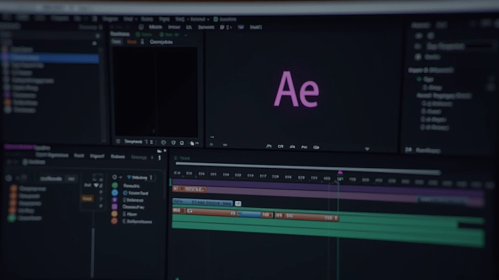 De vier hoofdpanelen van After Effects met duidelijke labels en scheidingslijnen, elk paneel heeft een ander deel van de workflow