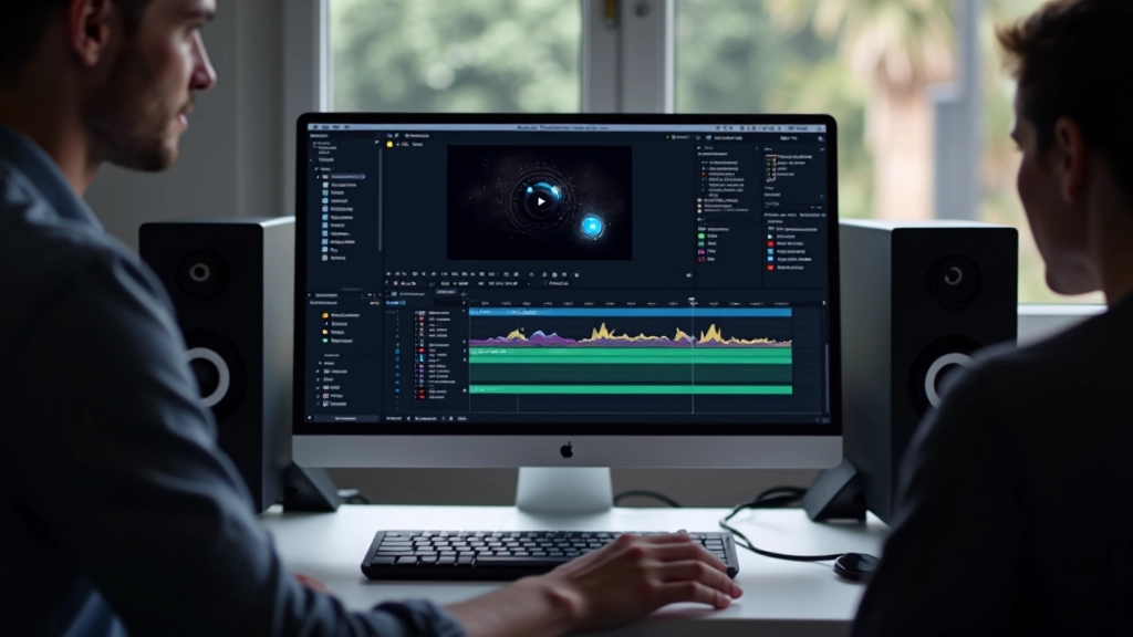 Computer scherm met After Effects interface, kleurrijke timeline en layers panel zichtbaar