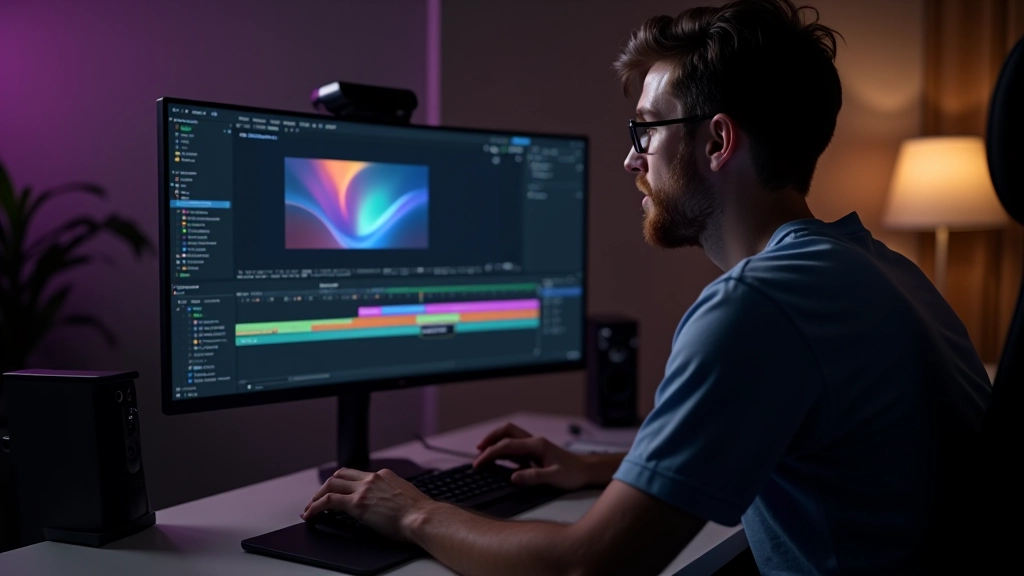 Motion designer werkt aan After Effects project op monitor met kleurrijke timeline