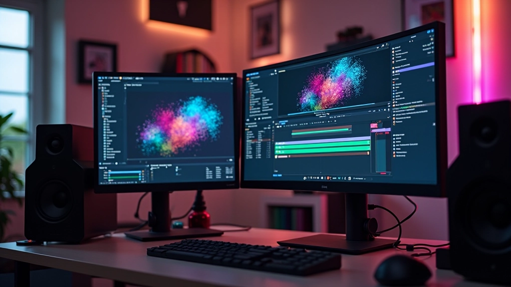 Motion design studio werkplek met After Effects software en professionele apparatuur